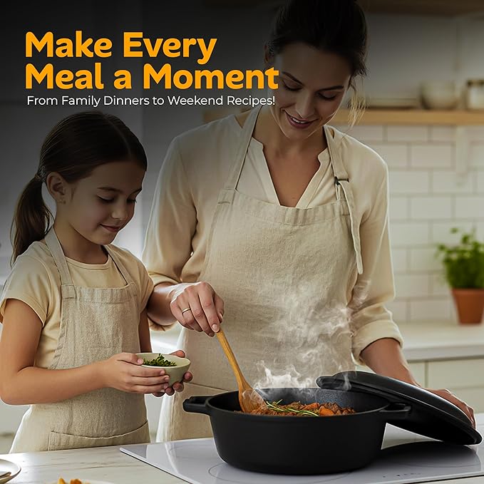KICHLY Cast Iron Dutch Oven with Dual Purpose Skillet Lid, 5.QT Cast Iron Pot with 10.6 in Griddle Pan, Pre-Seasoned Heavy Duty Pot for Bread Baking, Roasting, Braising & Outdoor Camping Cooking, Black