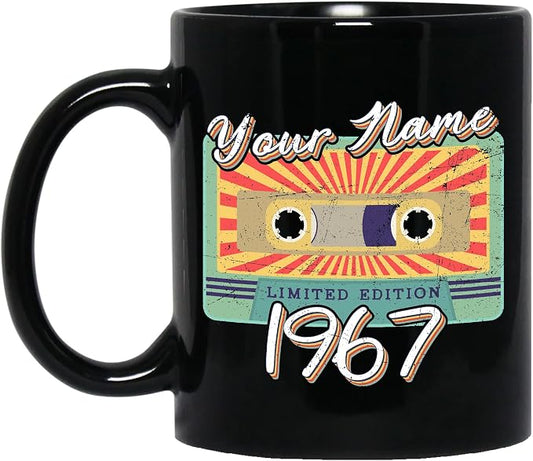 Personalized Vintage Cassette Tape Vintage 1967 Mug, Custom Your Name, 1967 Retro Coffee Mug, 55th Birthday Present Gifts, 1967 Birthday Gift For Friends Family, Customizable Black Tea Cups