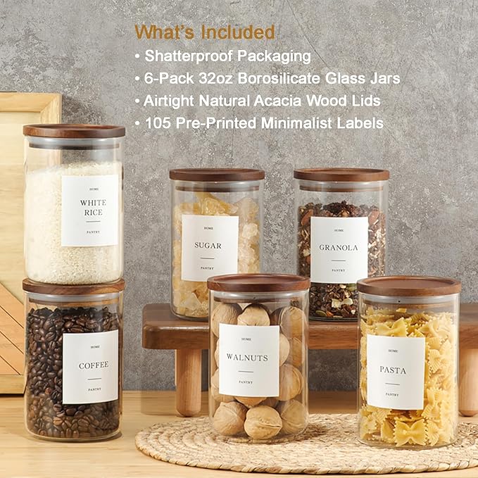 Set of 6 Glass Pantry Jars with Acacia Wood Lids, 32oz Airtight Pantry Storage Containers with 105 Labels, Glass Kitchen Canisters for Coffee, Tea, Sugar, Pasta