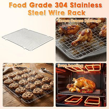 Baking Sheet with Cooling Rack, 17” x 12” Nonstick Carbon Steel Cookie Sheets Pan Set with Wire Racks for Baking and Cooking, Baking & Cookie Sheet Pan Oven Tray Non Toxic (2 Pans + 2 Raised Racks)
