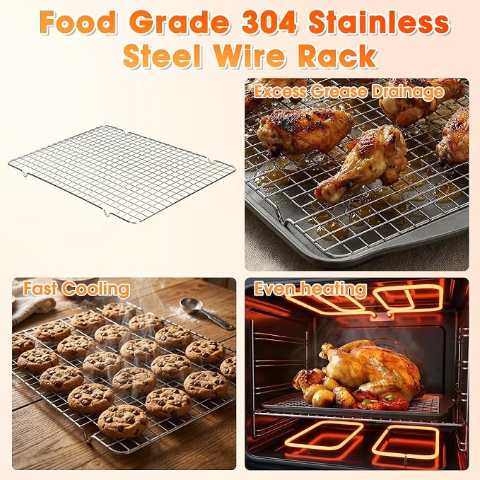 17” x 12” Nonstick Carbon Steel Baking Sheet Pan with Cooling Rack, Cooking Sheet Pan Cookie Sheets for Baking, Kitchen Cookware Baking Pans Set Oven Tray with Wire Racks (2 Pans + 2 Raised Racks)