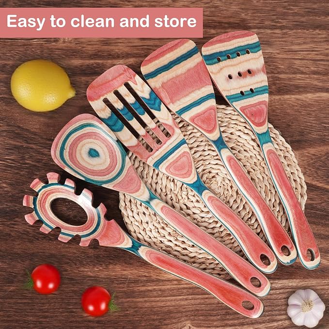 Wooden Spoons for Cooking – 7 Piece Pakkawood Kitchen Utensils Set with Spatulas, Spoons, Ladles, and Turner for Mixing, Serving & Cooking