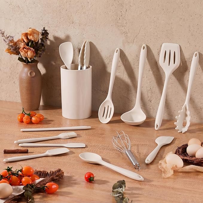 LIANYU 14 Pcs Kitchen Utensils Set with Holder, Silicone Cooking Utensils Spatula Set, Heat Resistant Cookware Tools Includes Spoon Turner Whisk Tong, Dishwasher Safe, Khaki