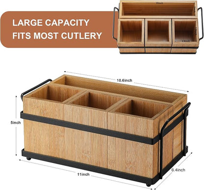 PTSTING Silverware Caddy Wood Utensil Holder Paper Plate Dispenser Silverware Utensil Caddy Cutlery Flatware Organizer Box for Spoons Forks Plates Napkins