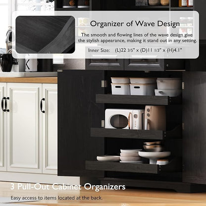 71.2" Tall Kitchen Pantry Cabinet with 3 Pull Out Cabinets Organizer, Farmhouse Embossed Texture Storage Cabinet with 6 Door Shelves, 2 Drawers, Black Freestanding Cupboard for Kitchen, Dining Room