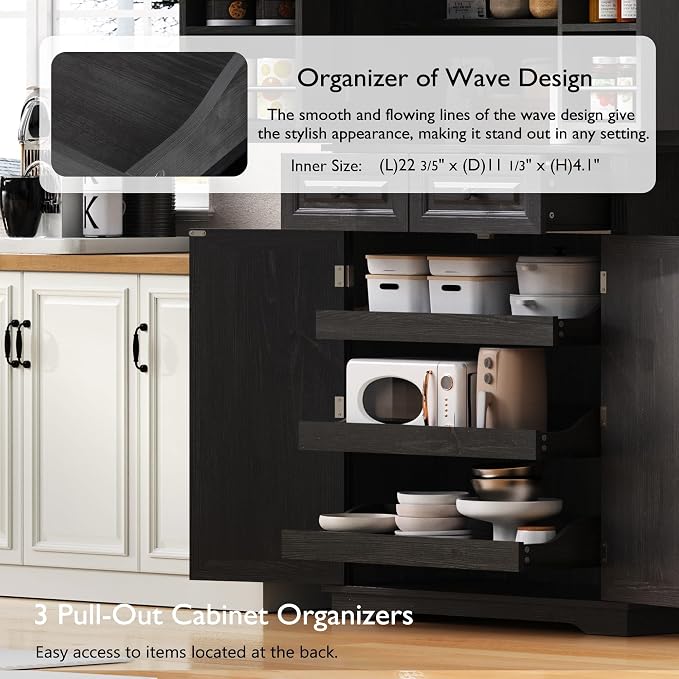 VilroCaz Wooden 71" H Kitchen Pantry with 3 Pull Out Cabinet Organizers, Freestanding Cupboard Storage Cabinet with 4 Doors and 2 Drawers, Farmhouse Embossed Texture Design (Black-5.K)