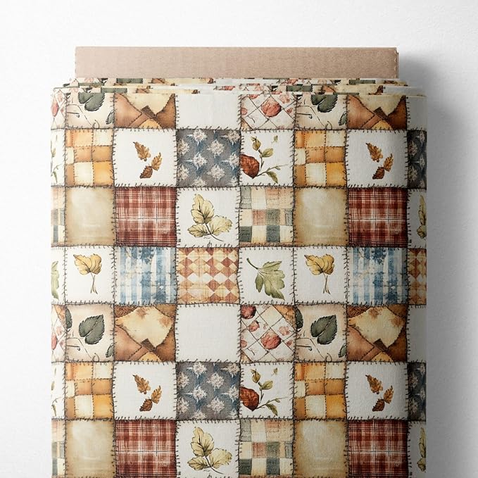 Patchwork Cotton Fabric Panel 61 x 36.6 Inches, Autumn Leaves Quilt Style Pattern, Rustic Brown Beige Blue Design, 100% Cotton 140 GSM