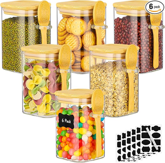 Glass Jars with Bamboo Lids and Spoons - 6 Pack 18 Fl.oz Square Glass Containers Set, Includes Labels and Marker, Clear Pantry Storage Container for Sugar, Coffee Bean, Flour, Tea, Cookies, Nuts