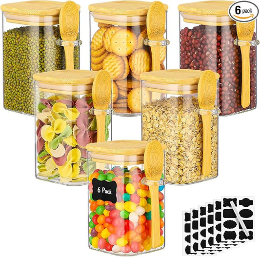 Glass Jars with Bamboo Lids and Spoons - 6 Pack 18 Fl.oz Square Glass Containers Set, Includes Labels and Marker, Clear Pantry Storage Container for Sugar, Coffee Bean, Flour, Tea, Cookies, Nuts