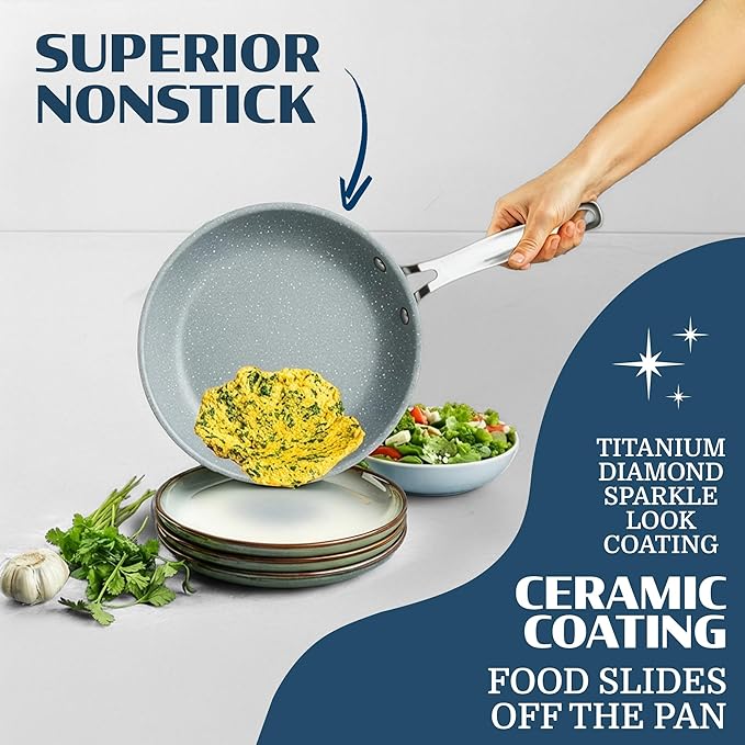 20 Pc Pots and Pans Set Nonstick - Granitestone Ceramic Cookware Set Induction Compatible with Bakeware, Utensils & Steamer, Non Toxic PFOA PFOS PFAS PTFE Free, Oven Safe to 500°F Dishwasher Safe Gray