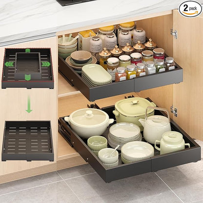 2 Pcs Pull Out Drawers for Cabinets Organizer Expandable Width(11.8"-19.4"), Depth(16.45"-21.7") With 3 Rails, No Drill Roll Out Drawer, Adhesive Sliding Drawers for Kitchen Pantry Storage (Black)
