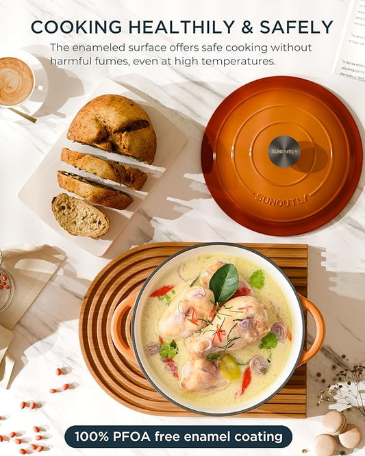 Enameled Cast Iron Dutch Oven - 6QT Dutch Oven Pot with Lid & Cotton Potholders - Heavy-Duty Non Stick Casserole Pot for Braising, Stews, Roasting, Baking, Suitable for All Stovetops, Vibrant Orange