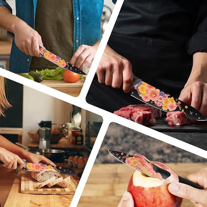 Marco Almond Knife Set Artistic Designed Pattern Kitchen Knife 6 Stainless Steel Kitchen Knives w 6 Blade Guards,Dishwasher Safe Kitchen Knife Sets for Family Knives Set for Chefs