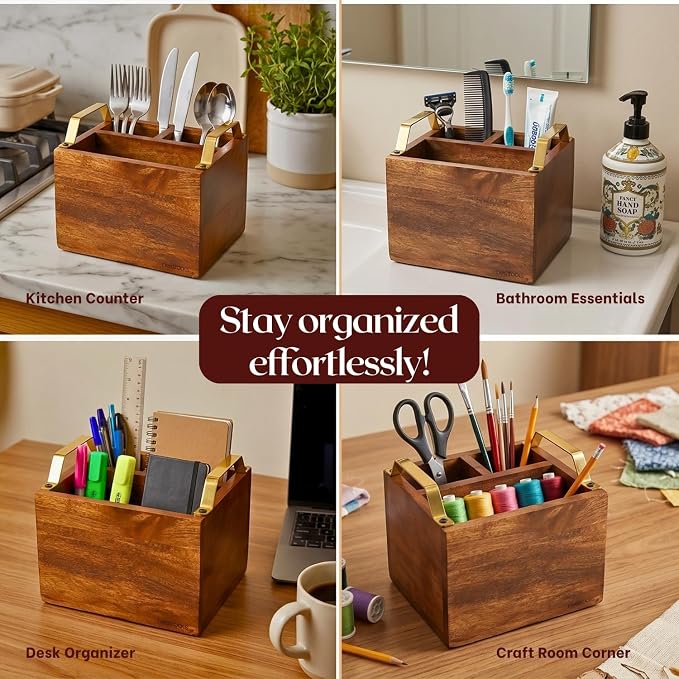 nestroots Silverware, Napkins & Spoon Holder, Teak Wood Utensil Caddy with Stainless Steel Handle, Organizer Countertop, Cutlery Holder for Party, Fork, Knife Organizer
