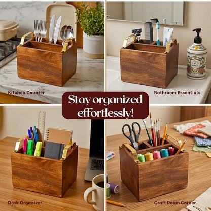 nestroots Silverware, Napkins & Spoon Holder, Teak Wood Utensil Caddy with Stainless Steel Handle, Organizer Countertop, Cutlery Holder for Party, Fork, Knife Organizer