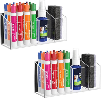 HBlife 2 Pack Magnetic Dry Erase Marker Holder for Whiteboard with 3 Compartments, Acrylic Wall Mount Magnet Pen Holder for Refrigerator, Locker Organizer Accessories for Classroom Office, Clear