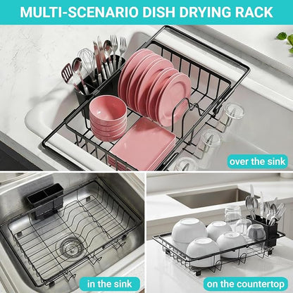 Sylfaen Expandable Over The Sink Dish Drying Rack, Stainless Steel Dish Rack in Sink, Kitchen Sink Drain Strainer with Utensil Holder & Cup Holders, Counter Space Saving & No Assembly Needed, Black