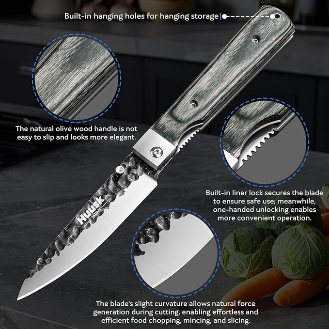 Huusk Japanese Folding Fruit Knife - Pocket Paring Knife with Ultra Sharp Blade - Hand Forged Kitchen Knives for BBQ, Camping and Travel - Gift for Men and Women