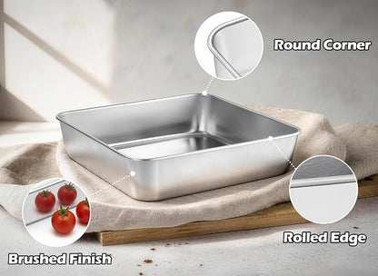 Leonyo Stainless Steel 8x8 Baking Pan with Lids, 2 Set Metal 8IN x 8IN Square Cake Pans with Lids, Commercial Brownie Pans Baking Dish for Lemon Bars, Dishwasher Safe(Except for Plastic Lids)