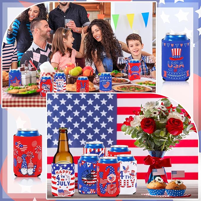 4th of July Can Cooler Sleeves, 18pcs American Flag Beer Drink Can Bottle Cooler Sleeves Collapsible for 250th Anniversary Fourth of July Independence Day Party Decorations Supplies Favors