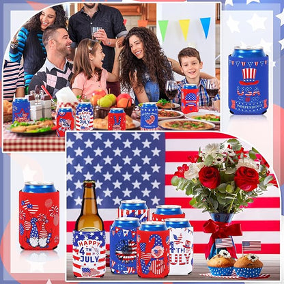 4th of July Can Cooler Sleeves, 18pcs American Flag Beer Drink Can Bottle Cooler Sleeves Collapsible for 250th Anniversary Fourth of July Independence Day Party Decorations Supplies Favors