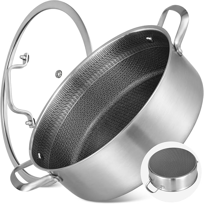 LOLYKITCH 7 QT Large Deep Frying Pan with Lid, 12 Inch Nonstick Triply Stainless Steel Skillet Saute Pan, Ceramic Hybrid Honeycomb Cookware for Family Meal – Oven & Induction Ready, Riveted Handles