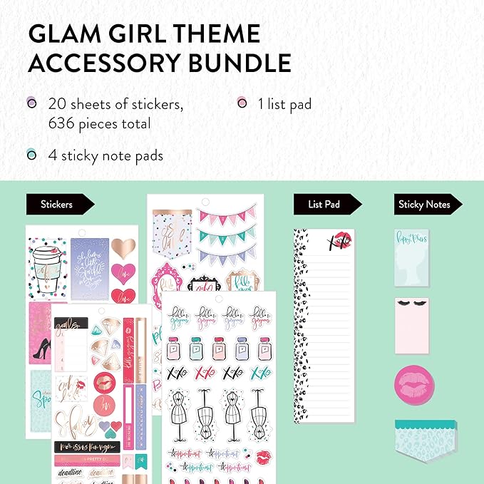 me & my BIG ideas Accessory Book Bundle - The Happy Planner Scrapbooking Supplies - Glam Girl Theme - 4 Sticky Note Pads & 1 ListPad - Multi-Color & Gold Foil Stickers - 20 Sheets, 636 Stickers Total
