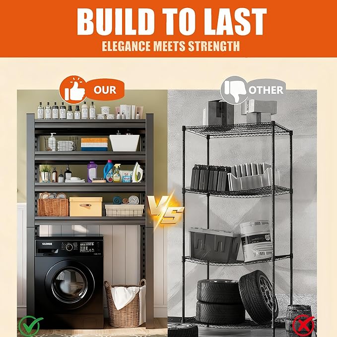Over The Washer and Dryer Storage Shelf, Height-Adjustable 5-Tier Metal Organizer Rack for Washer Dryer, Space Saving Laundry Room Organizer Rack, (63" Hx 39" W x20 D)