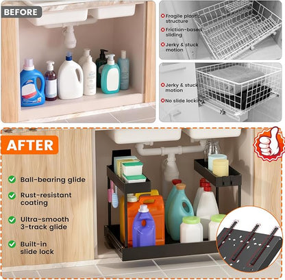 Expandable Under Sink Organizers and Storage,Width Adjustable (14.9-23.6IN),No Drill 2-Tier Pull Out Under Cabinet Organizer for Kitchen Bathroom Laundry (black)