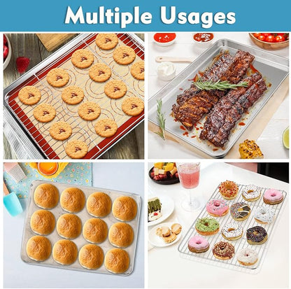 P&P CHEF 16 Inch Baking Oven Sheet Pan with Rack & Mat for Cookie, Stainless Steel Oven Sheet Tray Cooling Rack and Silicone Mat for Baking & Roasting, Dishwasher Safe & Healthy, 3Pcs
