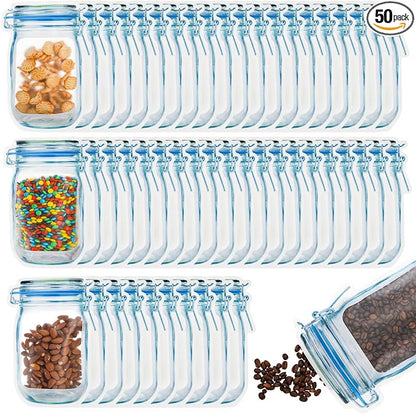 Jucoan 50 Pack Mason Jar Bags, Reusable Mason Jar Zip Snack Bags, Airtight Leakproof Resealable Plastic Food Storage Saver Bags Stand Up Pounches for Spices, Snacks, Camping RV
