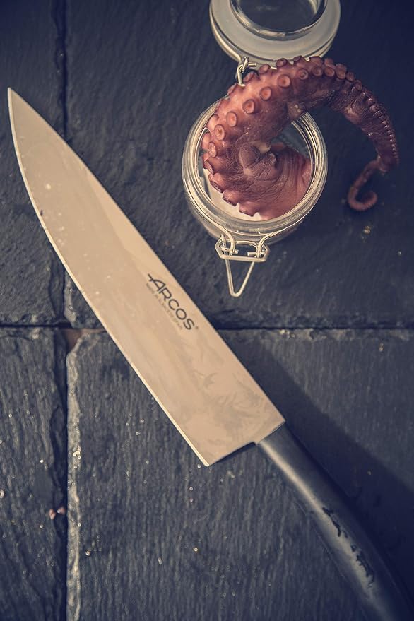 Arcos Chef Knife 8 Inch Stainless Steel. Cooking Knife to Cut and Peel Small Food. Ergonomic Polyoxymethylene Black Handle. Series Tango