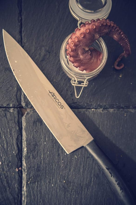 Arcos Chef Knife 8 Inch Stainless Steel. Cooking Knife to Cut and Peel Small Food. Ergonomic Polyoxymethylene Black Handle. Series Tango