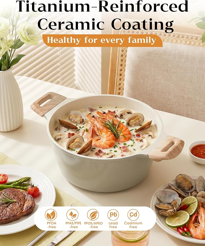 FDN Titanium Ceramic Cooking Pot with Lid, Pfos & Pfoa Free Nonstick Stock Pot, Large Soup Pot, Big Pots for Cooking, Multipurpose Cookware, Ollas Antiadherentes Para Cocinar, Cacerolas, Grey