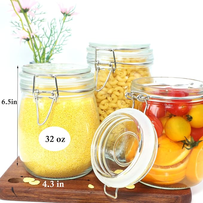 Glass Jars With Airtight Lid 32 Oz (Set Of 3) Wide Mouth Mason Glass Sealed Storage Canisters Leakproof For Coffee Sugar Nuts Spice Refrigerator Pickles & Preserves Tea For Fridge Kitchen Pantry