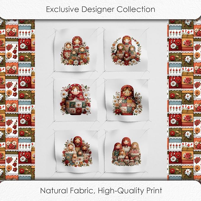 Matryoshka Patchwork Quilting Fabric Panel – 6× (10×10 inch) Blocks + Bonus Patchwork Sheet 29.5×19.6 inch, 100% Cotton 140 GSM, Floral Russian Doll Theme