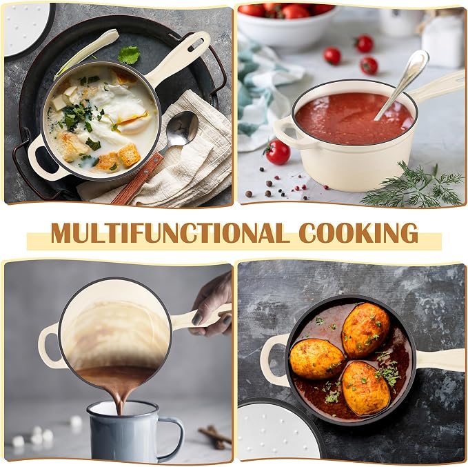 E-far Enameled Cast Iron Sauce Pan, 2 Quart Dutch Oven Saucepan with Lid, Small Sauce Pot for Cooking, Boiling, Healthy & Non Toxic, Induction & Oven Safe, Cream