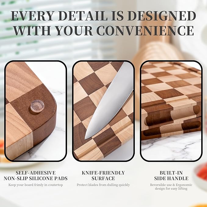 WILLKOMMEN Checkered Cutting Board for Kitchen– Wood Checkerboard End Grain Chopping Board 1" Thick Wooden Butcher Block with Juice Groove & Handle, Reversible for Cooking and Serving (Square)