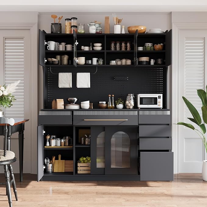 VilroCaz Freestanding Large Kitchen Pantry, Wooden Kitchen Large Coffee Bar Storage Cabinet with 6 Drawers, 5 Cabinets with Adjustable Shelves, Pegboard, Towel Rack, Power Outlet (Black-po)
