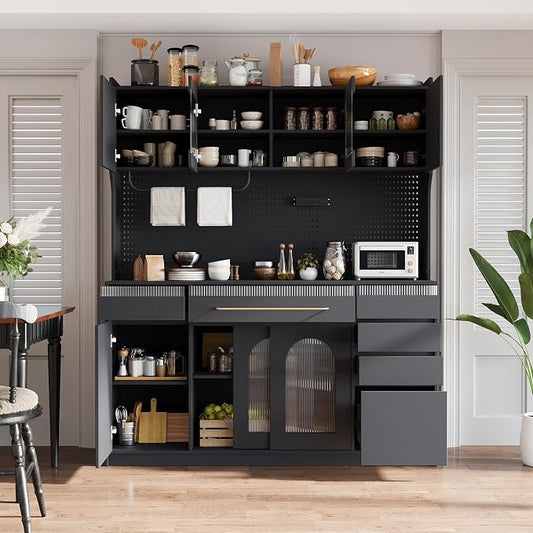 VilroCaz Freestanding Large Kitchen Pantry, Wooden Kitchen Large Coffee Bar Storage Cabinet with 6 Drawers, 5 Cabinets with Adjustable Shelves, Pegboard, Towel Rack, Power Outlet (Black-po)