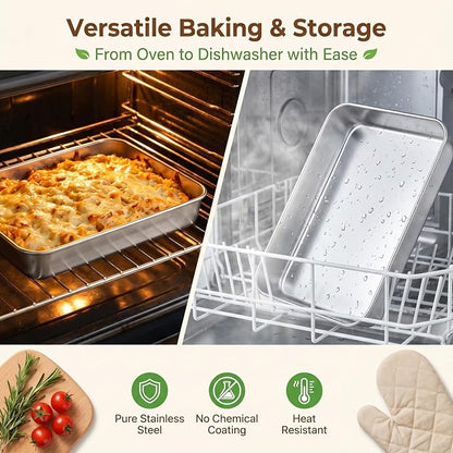 E-far Small Baking Pan with Lid, 9.4”x 7” x 2” Stainless Steel Rectangle Sheet Cake Pans for Toaster Oven, Metal Covered Bakeware for Cakes Brownies Casseroles, Non-toxic & Dishwasher Safe - Set of 2