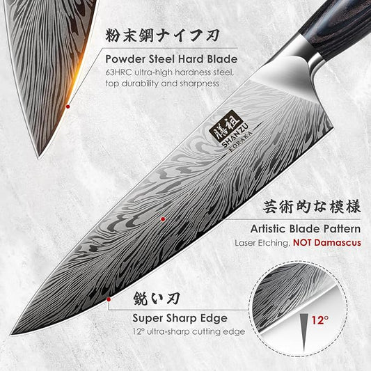 SHAN ZU Chef Knife in Powder Steel, Japanese Kitchen Knife 8 Inch, Ultra Sharp Chef's Knives, High Carbon Japanese Knives with Ergonomic Pakkawood Handle Professional Utility Knives for Meat Vegetable