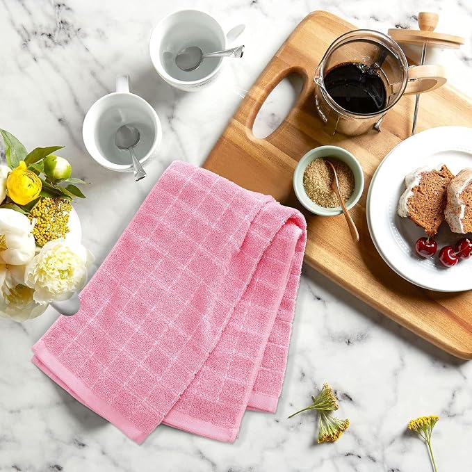 Mordimy 100% Cotton Terry Cloth Kitchen Towels, Super Soft and Absorbent Dish Towels for Drying, Checkered Designed Hand Towels for Kitchen, 13 x 28 Inches, 4 Pack, Pink