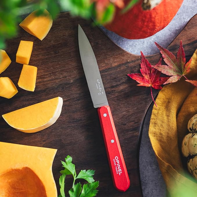 OPINEL No. 112 Paring Knives 2 Piece Set, Sandvik Steel Everyday Paring Knife, Wood Handles, Made in France (Red)