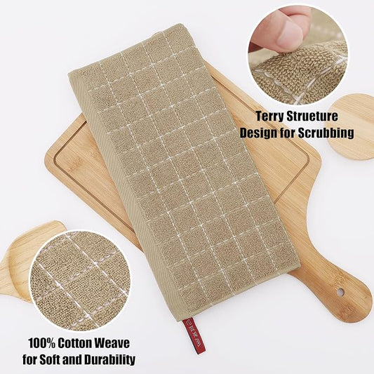 Homaxy 100% Cotton Terry Kitchen Dish Cloths, Ultra Soft and Absorbent Dish Towels for Kitchen, Perfect for Drying and Washing Dishes, 12 Pack, 12 x 12 Inches, Tan