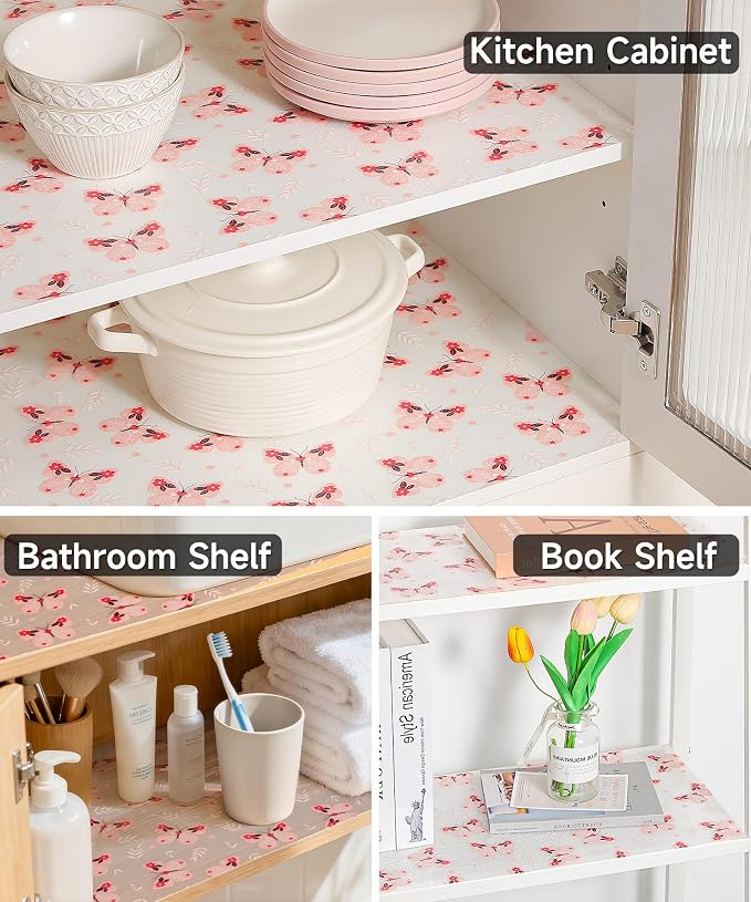 Shelf Liner for Kitchen Cabinets - Non-Adhesive Waterproof and Oil-Proof Drawer Liner, Reusable Protector for Dresser, Wire Shelf, Cupboards(Pink Butterfly, 17.7" W x 360" L)