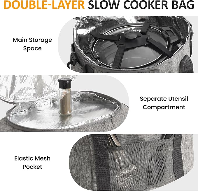 SUNVIVI Portable Slow Cooker Bag Fits for 6-8 Quart, Insulated Travel Bag with See-thought Window, Carry Case with Top Zip Compartment, Mesh Pocket & Adjustable Band for Camping, Potluck, Gathering
