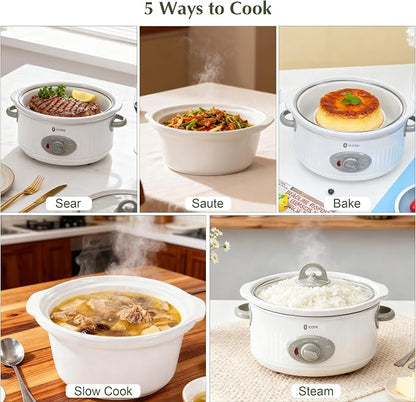 4.0 Quart Slow Cooker with Ceramic Nonstick Coating, 3 Heat Settings, Cool Touch Handles, Safe Tempered Glass Lid, Dishwasher Safe for Easy Cleanup, Ivory White
