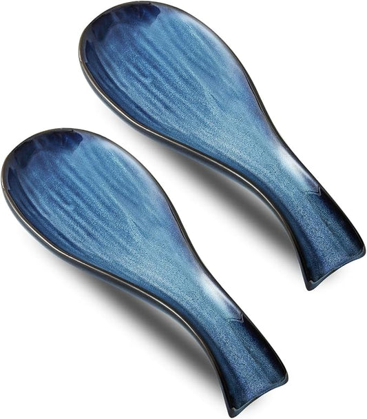 Hasense Ceramic Spoon Rest for Stove Top, Spatula Holders for Ladles and Tongs, Porcelain Spoon Holder Set of 2 for Kitchen Counter Cooking Utensil Home Decor, Housewarming Gift, Navy