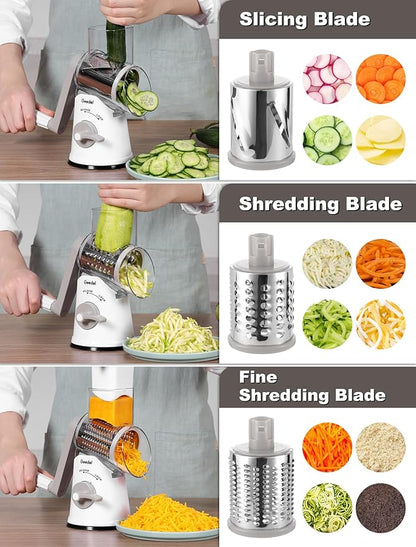 Geedel Rotary Cheese Grater Cheese Shredder - Upgraded 5-in-1 Cheese Grater with Handle and Strong Suction Base, Multi-purpose Vegetable Slicer Ice Shaver Nuts Grinder for Cheese, Vegetables, Ice